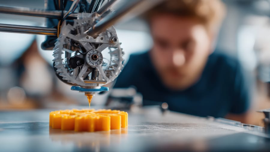 Close-up of a 3D printer extruding yellow filament during a hands-on 3D printing workshop in St. Catharines, Ontario.